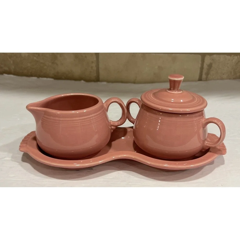 Fiesta HLC Creamer And Sugar Set Lid, Tray Rose Pink Peony Fiestaware‎ 4 Pcs